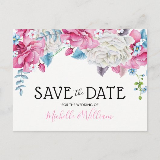 Roze Blauwe Zomer Bloemen Save the Date Aankondigingskaart (Voorkant)