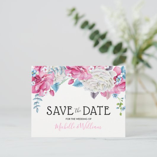 Roze Blauwe Zomer Bloemen Save the Date Aankondigingskaart (Staand voorkant)