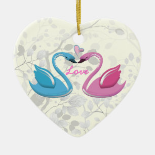 Roze blauwe zwaan liefde hart paar keepsake orname keramisch ornament