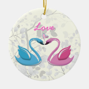 Roze blauwe zwaan liefde hart paar keepsake orname keramisch ornament
