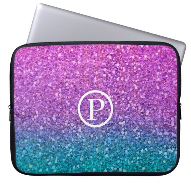 Roze Blauwgroen Aqua Blue en Paarse Sparkly Glitte Laptop Sleeve (Voorkant)