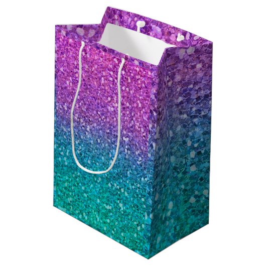 Roze Blauwgroen Aqua Blue en Paarse Sparkly Glitte Medium Cadeauzakje (Achterkant Gekanteld)