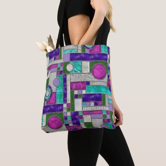 Roze Blauwgroen Art Deco-Glas in lood Tote Bag (Dichtbij)