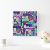 Roze Blauwgroen Art Deco-Glas in lood Vierkante Klok (Huis)