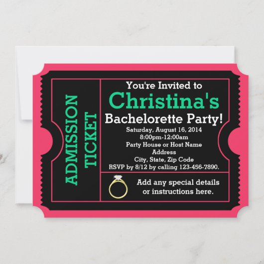 Roze/Blauwgroen Bachelorette Party Ticket Uitnodig Kaart (Voorkant)
