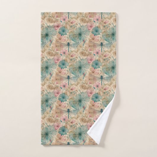 Roze Blauwgroen Beige Waterverf Bloemen Dragonfly Bad Handdoek (Handdoek)