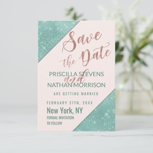 Roze Blauwgroen Blauw Faux Glitter Sequin sparen d Save The Date (Staand voorkant)