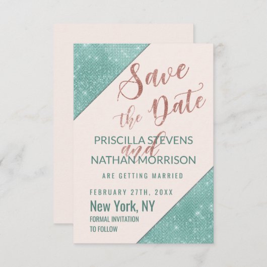 Roze Blauwgroen Blauw Faux Glitter Sequin sparen d Save The Date (Voorkant / Achterkant)