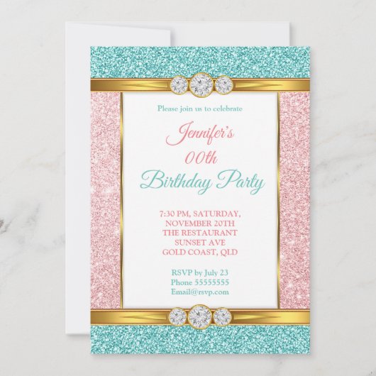 Roze Blauwgroen Blauw Glitter Diamond Birthday Par Kaart (Voorkant)