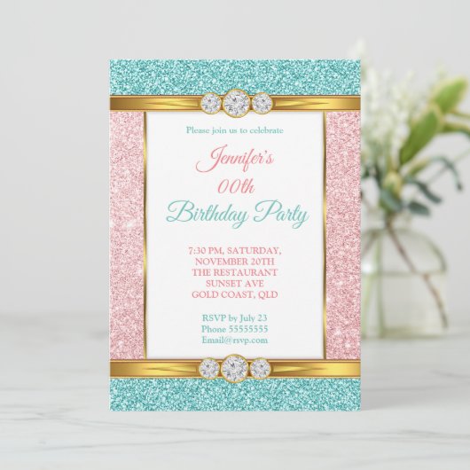 Roze Blauwgroen Blauw Glitter Diamond Birthday Par Kaart (Staand voorkant)