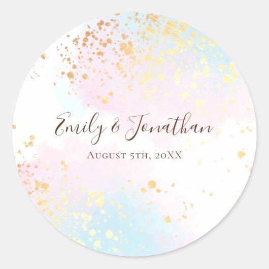 Roze Blauwgroen Blauw Waterverf Gouden Namen Datum Ronde Sticker (Voorkant)