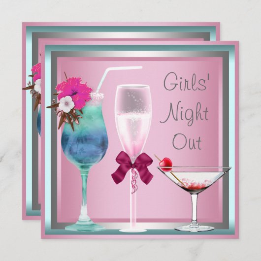 Roze Blauwgroen Blauwe Cocktails Bachelorette Part Kaart (Voorkant / Achterkant)