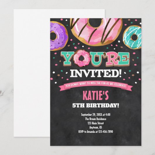 Roze Blauwgroen blauwe donut Birthday uitnodiging (Voorkant / Achterkant)