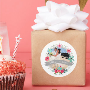 Roze Blauwgroen Blauwe Grijs Pas je huwelijksfoto Ronde Sticker