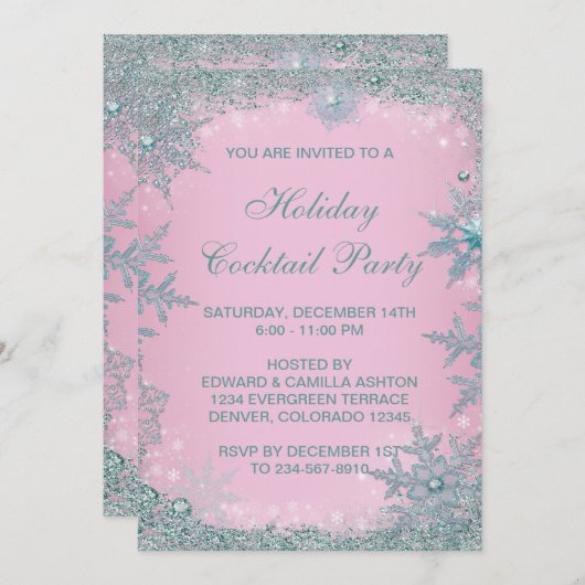 Roze Blauwgroen Blauwe Snowflake Kerstmis Kaart (Voorkant / Achterkant)