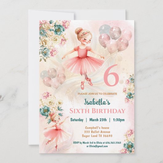 Roze Blauwgroen Bloemen Blond Ballerina Meisje Ver Kaart (Voorkant)