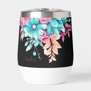 Roze & Blauwgroen Bloemen Thermische Tumbler