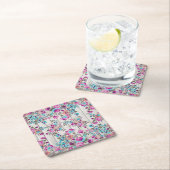 roze blauwgroen bloemen witte roestachtige houten kartonnen onderzetters (Insitu)