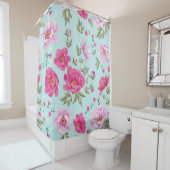 roze blauwgroen bloempatroon douchegordijn (In situ)