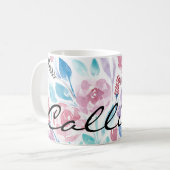 Roze Blauwgroen Blue Spring Waterverf Flowers Mono Koffiemok (Voorkant links)