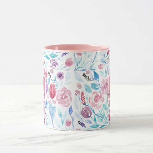 Roze Blauwgroen Blue Spring Waterverf Flowers Mono Mok (Midden)