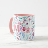 Roze Blauwgroen Blue Spring Waterverf Flowers Mono Mok (Voorkant links)