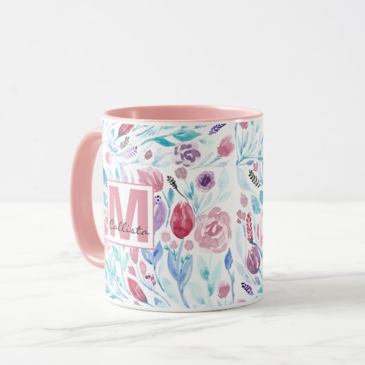 Roze Blauwgroen Blue Spring Waterverf Flowers Mono Mok (Voorkant links)