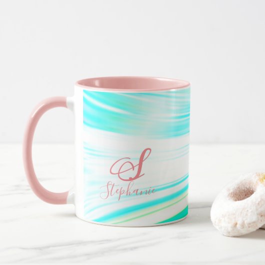 Roze Blauwgroen Blue Wave Monogram Initialen Abstr Mok (Met donut)