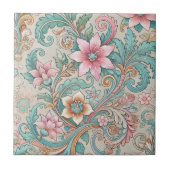 Roze Blauwgroen Boho Batik Indonesische Waterverf  Tegeltje (Voorkant)