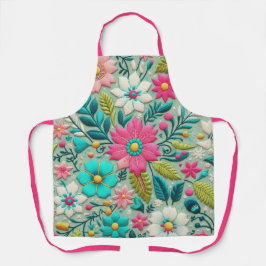 Roze Blauwgroen Borduurstijl Bloemenontwerp Schort