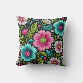 Roze Blauwgroen Borduurstijl Bloemontwerp Kussen