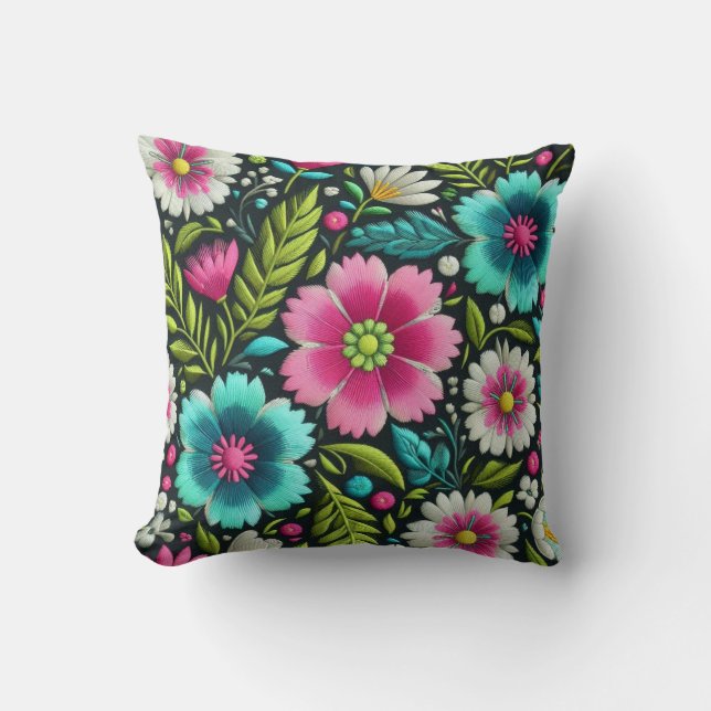Roze Blauwgroen Borduurstijl Bloemontwerp Kussen (Voorkant)
