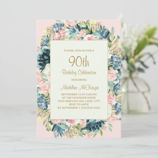  Roze Blauwgroen botanische flora 90e verjaardag Kaart (Staand voorkant)