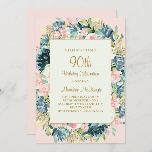  Roze Blauwgroen botanische flora 90e verjaardag Kaart (Voorkant / Achterkant)