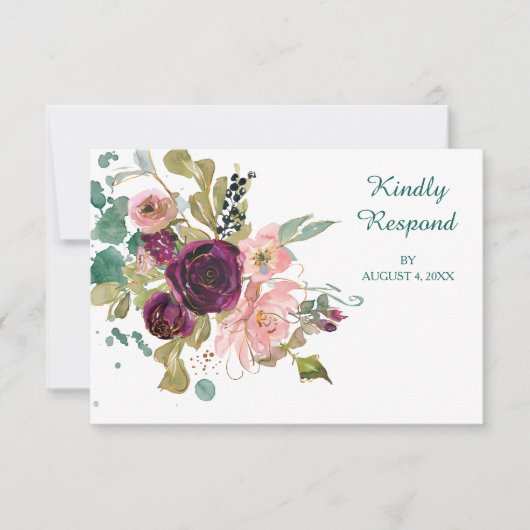 Roze Blauwgroen Bourgogne Floral Wedding RSVP (Voorkant)