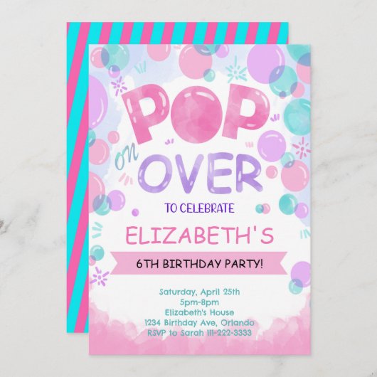 Roze Blauwgroen Bubbles Verjaardagsuitnodiging Kaart (Voorkant / Achterkant)