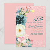 Roze Blauwgroen Cream Floral 60e verjaardag Kaart (Voorkant / Achterkant)