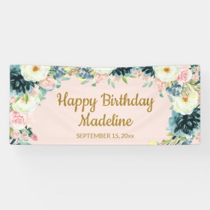  Roze Blauwgroen Cream Floral Happy Birthday Spandoek