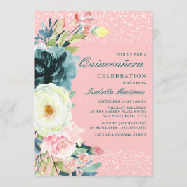 Roze Blauwgroen Cream Floral Quinceanera Birthday Kaart