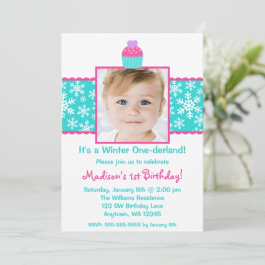 Roze Blauwgroen Cupcake Snowflake Birthday Girl Fo Kaart (Staand voorkant)