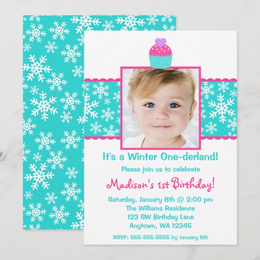 Roze Blauwgroen Cupcake Snowflake Birthday Girl Fo Kaart (Voorkant / Achterkant)