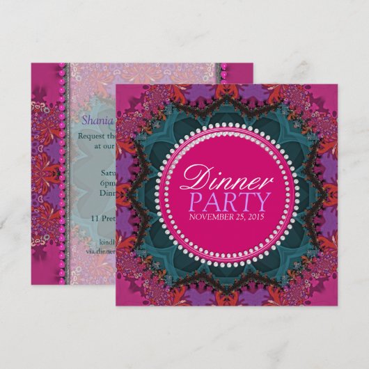 Roze Blauwgroen Dames Diner Uitnodiging (Voorkant / Achterkant)