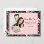 Roze & Blauwgroen Donker Bloemen Foto Save the Dat Briefkaart (Voorkant / Achterkant)