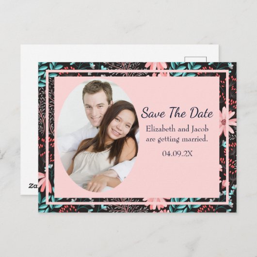 Roze & Blauwgroen Donker Bloemen Foto Save the Dat Briefkaart (Voorkant / Achterkant)