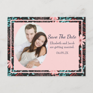 Roze & Blauwgroen Donker Bloemen Foto Save the Dat Briefkaart