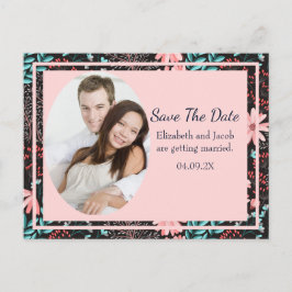 Roze & Blauwgroen Donker Bloemen Foto Save the Dat Briefkaart