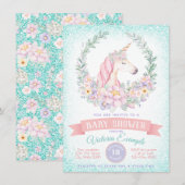 Roze Blauwgroen Eenhoorn Baby Shower Uitnodigingen (Voorkant / Achterkant)