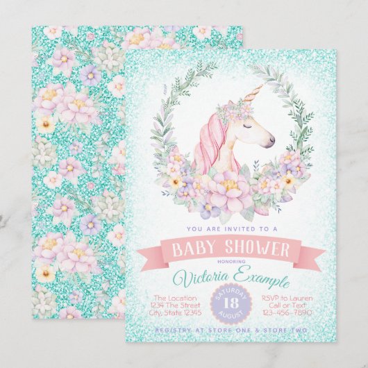 Roze Blauwgroen Eenhoorn Baby Shower Uitnodigingen (Voorkant / Achterkant)