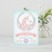 Roze Blauwgroen Eenhoorn Baby Shower Uitnodigingen (Staand voorkant)