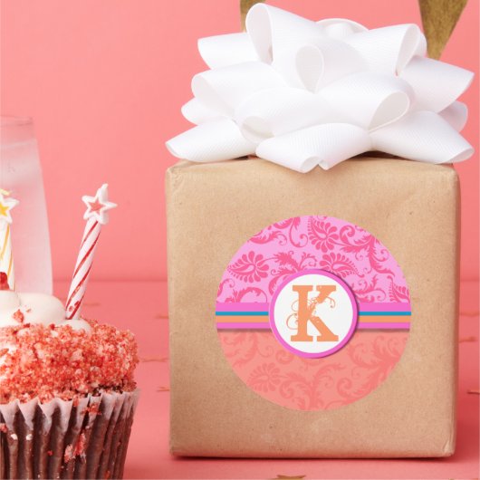 Roze Blauwgroen en koraaldamesmonogram Weddenschap Ronde Sticker (Feest)